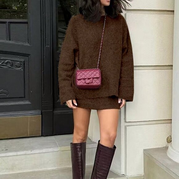 Chocolate Brown Casual Women's Knitted Sweater And Mini Skirt Set - Picture 3 of 3